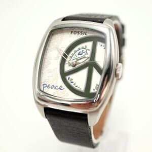 Fossil Womens Peace Sign 35mm Watch Black Leather ES-2459 with New Battery
